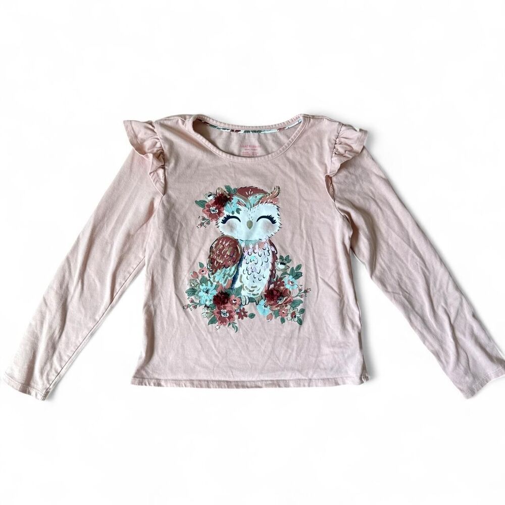 Isaac Mizrahi Girls Pink Floral Owl Sequin Long Sleeve Shirt Size 7/8